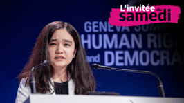 Nila Ibrahimi speaking at the Geneva Summit for Human Rights and Democracy. 