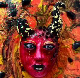 a painting of a woman's face with a red mask