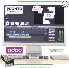 Computer monitor displaying video editing software with logos for Pronto Software, Odoo, and SAP Bus