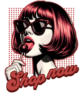 a woman with red hair and sunglasses on her lips