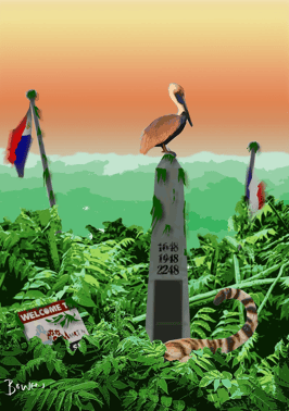 Digital artwork of lush jungle with border marker, pelican, and tiger