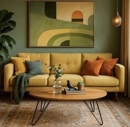 Mid-Century Modern living room with curved olive sofa, abstract wall art, and wood coffee table
