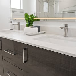 Modern flat light up mirror above floating flat panel vanity in Sunnyvale bathroom remodel