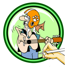 Biker Toot playing guitar with a Clemson football helmet on.