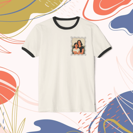 Printed custom illustrated merch featuring AI-generated art of mother and daughter on a white t-shir