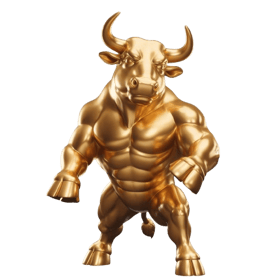 a gold bull statue of a bull with a bullish face