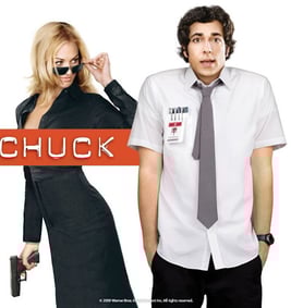 A TV poster for show called Chuck with a man in a dress and a man in a nerd outfit