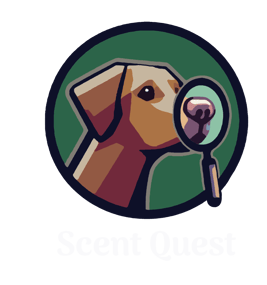 logo for scent quest showing a brown dog with a magnifying glass on it's nose