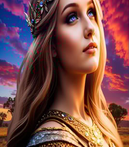 a woman with blue eyes and a crown on her head