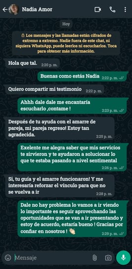 Captura de testimonio real por WhatsApp sobre amarre de amor exitoso
