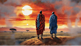 two people standing on a hill with a sunset in the background