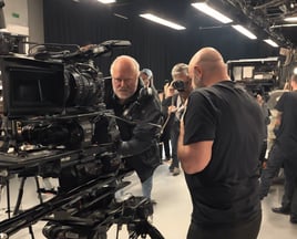 man holding camcorder with man near wall