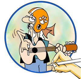 Cartoon biker character wearing a Clemson football helmet and playing his guitar.