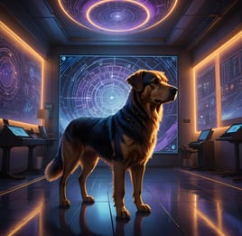 a dog standing with science elements around it.