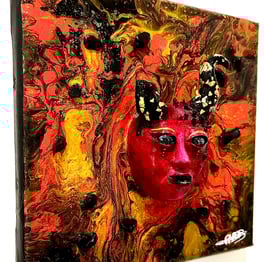 a painting of a woman's face with a red mask