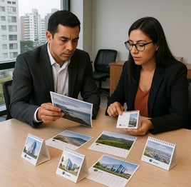 Cliente y diseñador revisando muestras de calendarios personalizados para empresas en Lima, con diferentes diseños y logos so