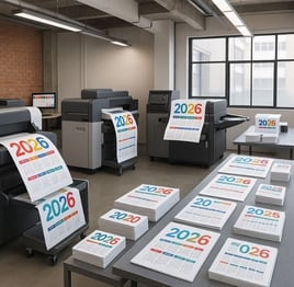 Imprenta digital moderna en Lima produciendo calendarios 2026 de alta calidad en distintos formatos, con impresoras y control