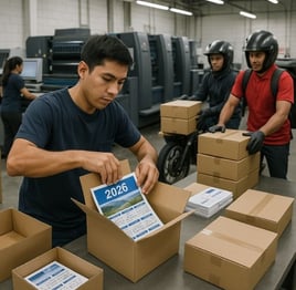Imprenta en Lima preparando calendarios personalizados 2026 para entrega urgente, con personal embalando cajas y ambiente de