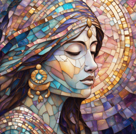 mosaic woman, spiritual, eeys closed, shades of pastel rainbows.