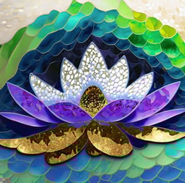 Mosaic lotus, with gold heart, purple green, blues. 