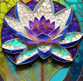 mosaic white lily flower, with shades of purple blues , whites and greens.