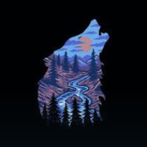 Silhouette of wolf howling with mountain forest and river in side the silhouette