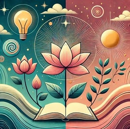 An image of a book with flowers and leaves growing from it in a day and night setting