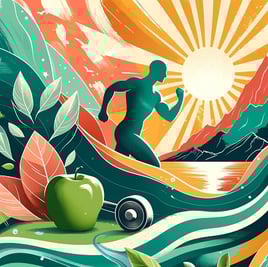 An image of a human figure running in the sunlight with an apple in the foreground