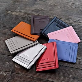 a group of multiple different colored buffway slim wallets