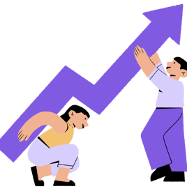 a man and woman are holding up a large purple arrow