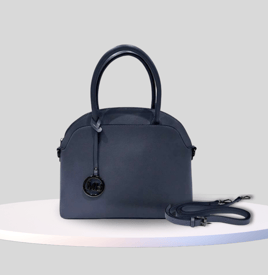 a blue handbag with a black handle and a black handle