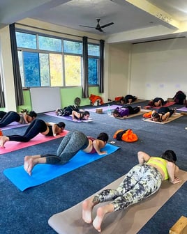 Yoga class in India practicing various asanas (yoga postures) on mats.