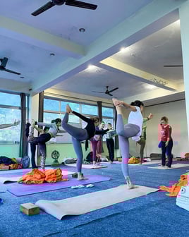 A group of yoga practitioners performing asanas (postures).