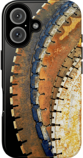 Blades Phone Case featuring a high-resolution image of overlapping rusted circular saw blades