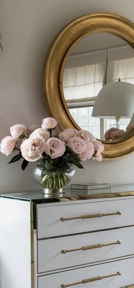 a bedroom with a large mirror and a large mirror