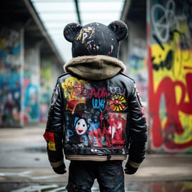 Against the backdrop of the graffiti-covered Berlin Wall remains, a bear strides. Dressed in a patchwork leather vest and rip