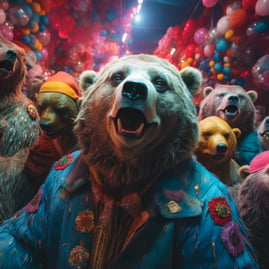 At a vibrant festival, a photograph captures bears amidst a hallucinatory journey, surrounded by experimental art that transc