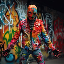 A radiant 'grateful undead' poses atop Berlin Wall's vibrant ruins. Adorned in a patchwork of distressed denim and band tees 