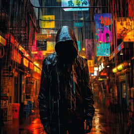 Beneath a neon rain, an undead shines in a patchwork poncho—its colors splash against the city's grungy, nocturnal haze.