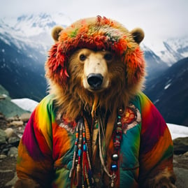 Captured in a photograph against Nepal's Himalayan peaks, snowy summits echo colors while a bear stands tall, resplendent in 