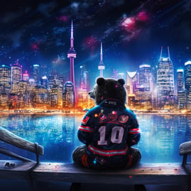 City lights twinkle in a photograph, a bear overlooks the city, radiant in a neon-lit hockey jersey and mask against Canada's