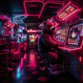 In a neon-drenched diner on Pluto, a gummy bear lounges, swathed in synth-leather jackets, pixelated shades, and chrome leggi