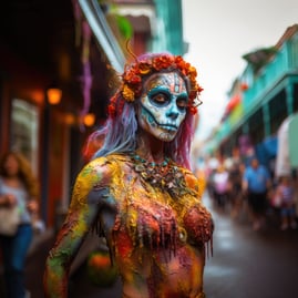 In the heart of New Orleans' French Quarter, a zombie sways. Wrapped in a muddy Mardi Gras beads dress that pulsates with vib