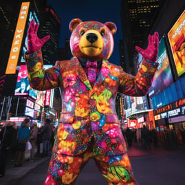 In the heart of New York's bustling Times Square, a bear captivates passersby in a kaleidoscopic suit. The suit's multi-hued 