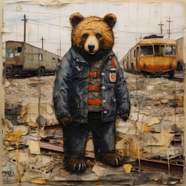 In the rusted train yards of Detroit, a bear emerges in distressed threads and vibrant patches. Each stitch tells a story, a 