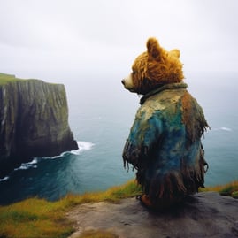 On Ireland's gusty Moher cliffs, a solitary bear looms, garbed in a tattered, acid-dyed sweater. Its striking presence set ag