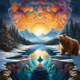 The captivating collision of fractal realms surrounds the bear, unfurling abstract landscapes and surreal geometry, a portal 