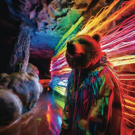 Within a subterranean rave in Mars' caverns, a bear grooves in UV-reactive vests, digital dreadlocks, and liquid crystal glov