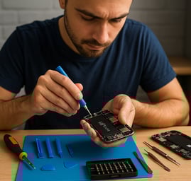 <img src="tecnico-consertando.jpg" alt="Técnico consertando celular em bancada com ferramentas">