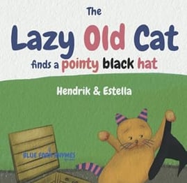 lazy old cat finds a pointy black hat rhyming picture book cover